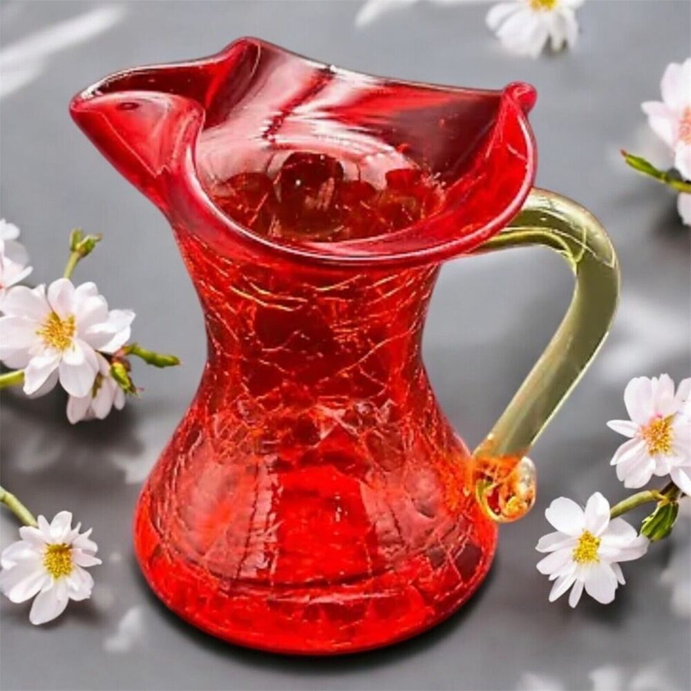 Small crackle glass Amberina Pitcher 3.5  Inches  handle glows with blacklight